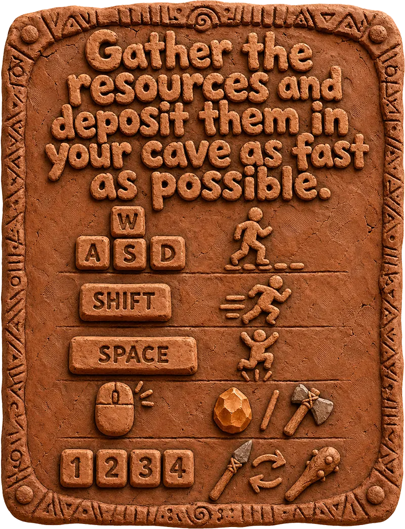 Keyboard and mouse instructions for gathering resources, depositing them in your cave, moving, jumping, and switching weapons.