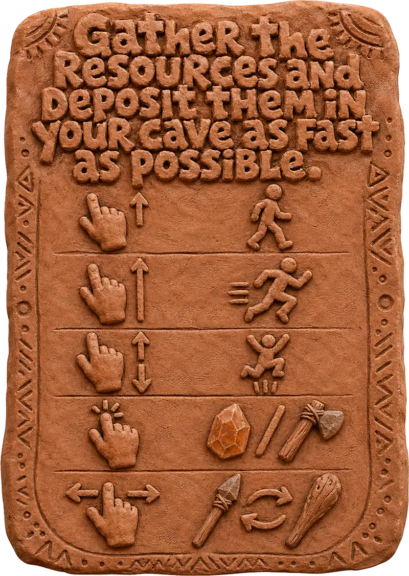 Touch instructions for gathering resources, depositing them in your cave, moving, running, jumping, interacting, and switching weapons.